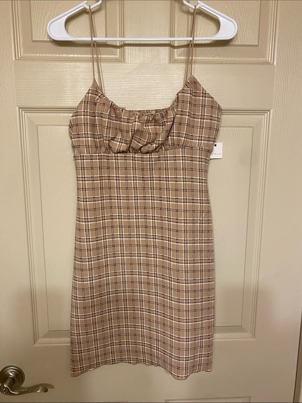 NWT Plaid Spaghetti-Strap Mini Dress in Beige